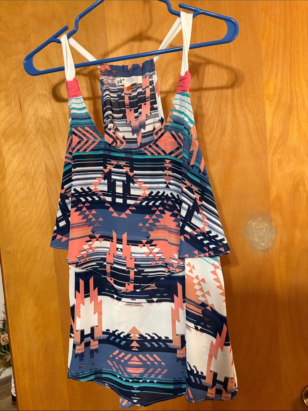 Jolt Aztec Ruffle Tank Top in Coral, Navy & Teal